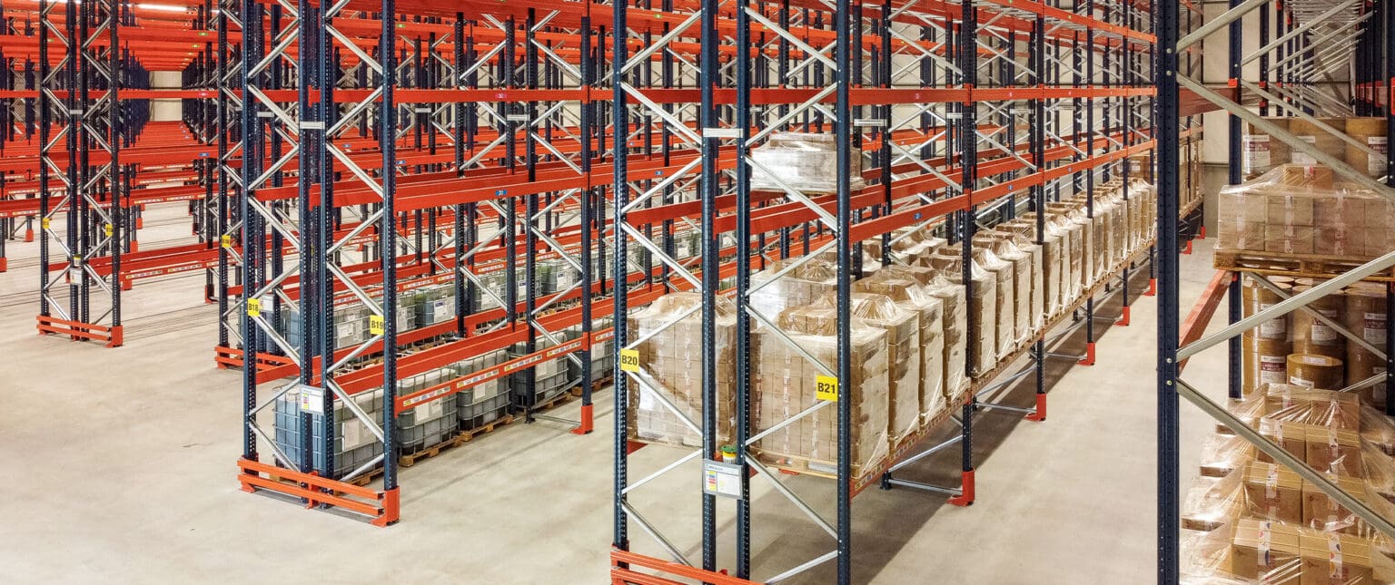 Pallet positions in the Middlegate Europe warehouse near the port of Antwerp-Bruges